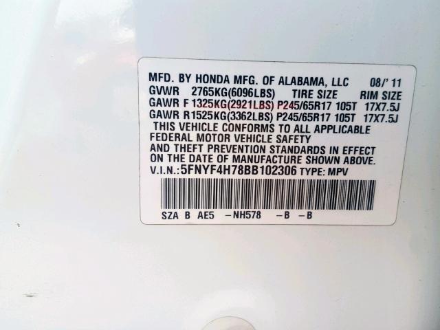 5FNYF4H78BB102306 - 2011 HONDA PILOT EXLN WHITE photo 10