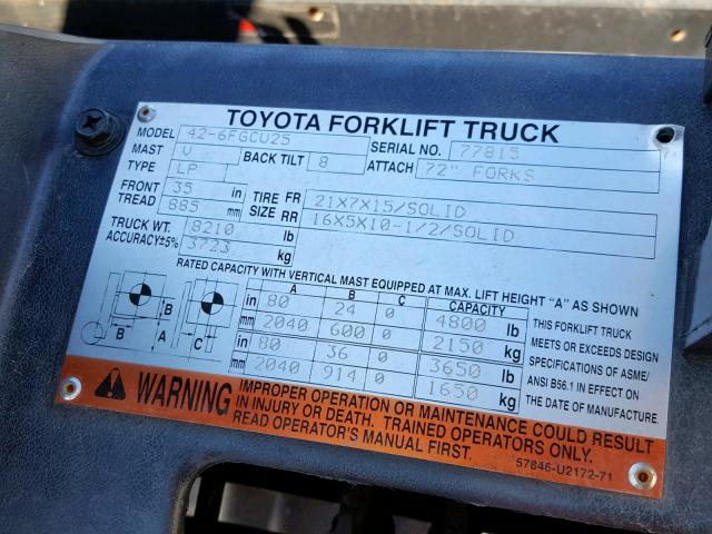 426FGCU2577815 - 1995 TOYOTA FORKLIFT ORANGE photo 10