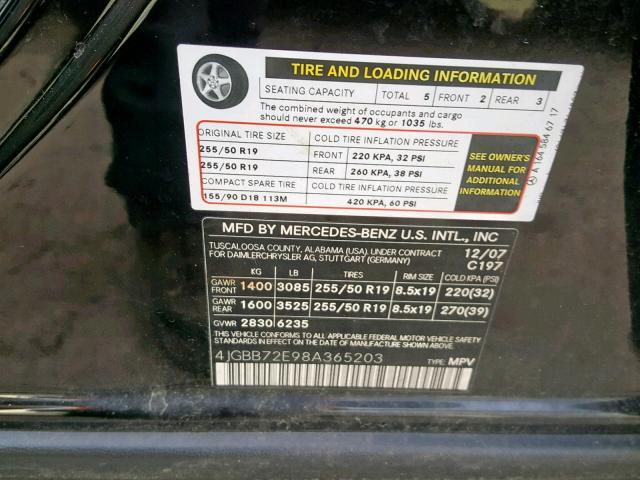 4JGBB72E98A365203 - 2008 MERCEDES-BENZ ML 550 BLACK photo 10