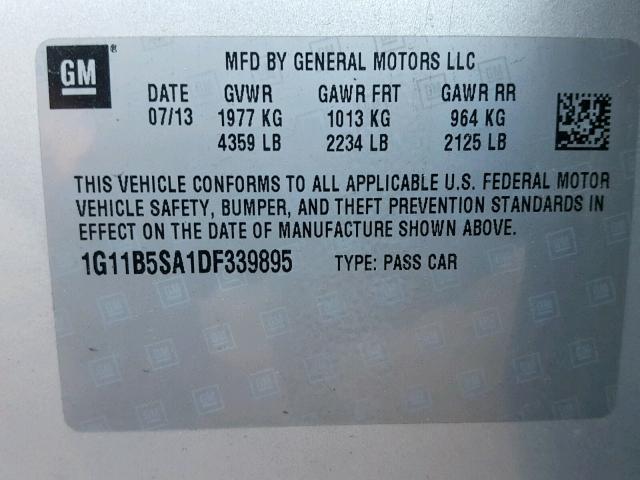1G11B5SA1DF339895 - 2013 CHEVROLET MALIBU LS SILVER photo 10