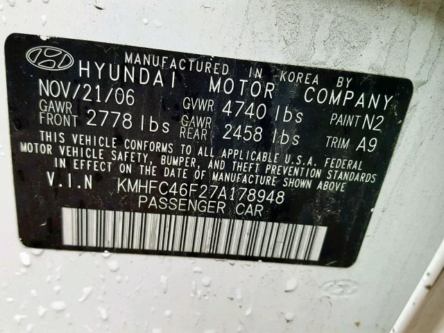 KMHFC46F27A178948 - 2007 HYUNDAI AZERA SE WHITE photo 10