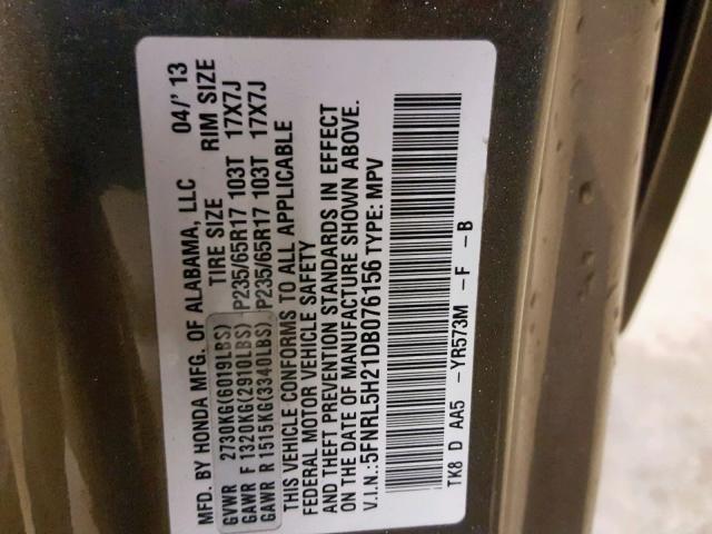 5FNRL5H21DB076156 - 2013 HONDA ODYSSEY LX GOLD photo 10