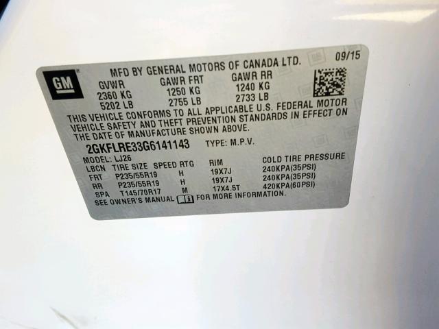 2GKFLRE33G6141143 - 2016 GMC TERRAIN DE WHITE photo 10