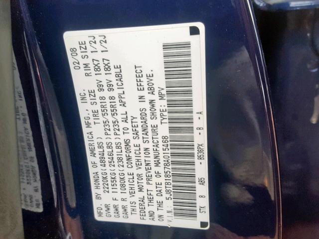 5J8TB18578A015468 - 2008 ACURA RDX TECHNO BLUE photo 10