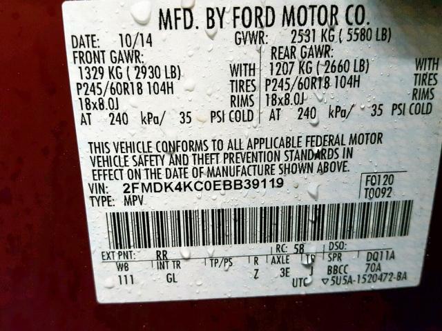 2FMDK4KC0EBB39119 - 2014 FORD EDGE LIMIT MAROON photo 10