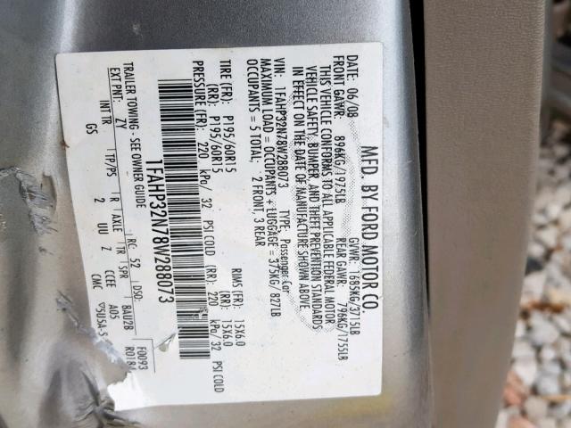 1FAHP32N78W288073 - 2008 FORD FOCUS S/SE SILVER photo 10