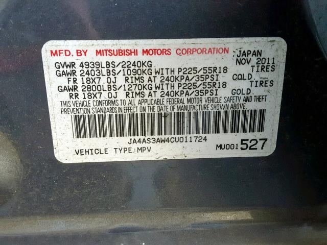 JA4AS3AW4CU011724 - 2012 MITSUBISHI OUTLANDER GRAY photo 10