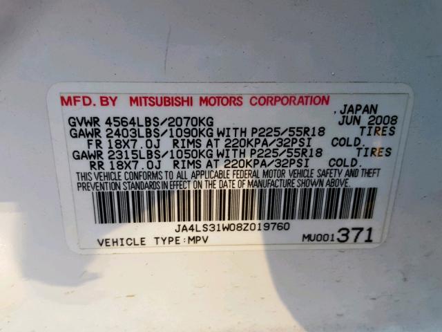 JA4LS31W08Z019760 - 2008 MITSUBISHI OUTLANDER WHITE photo 10