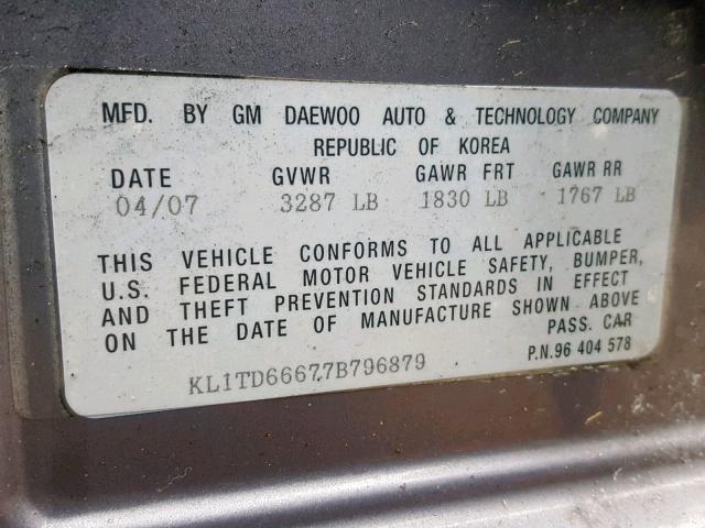 KL1TD66677B796879 - 2007 CHEVROLET AVEO BASE Boz foto 10