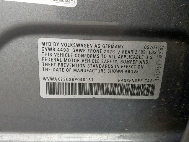 WVWAK73C38P040167 - 2008 VOLKSWAGEN PASSAT KOM GRAY photo 10