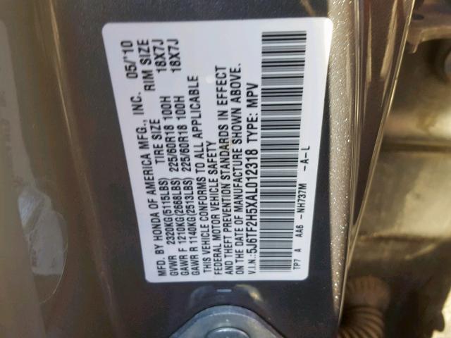 5J6TF2H5XAL012318 - 2010 HONDA ACCORD CRO GRAY photo 10