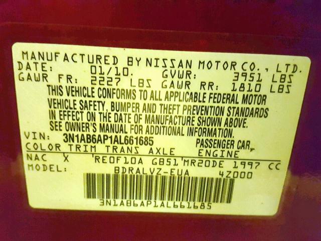 3N1AB6AP1AL661685 - 2010 NISSAN SENTRA 2.0 RED photo 10