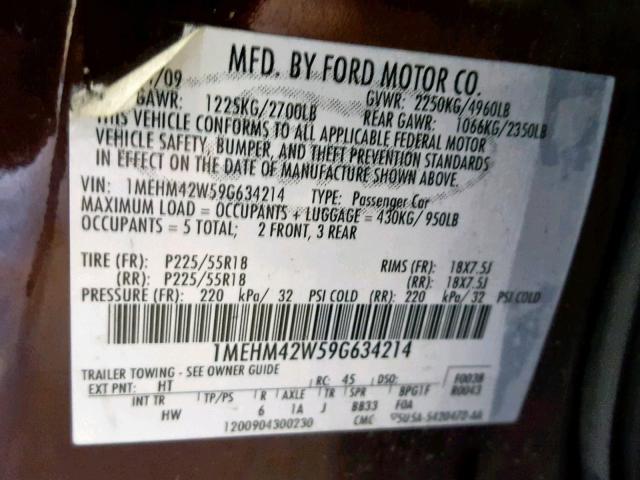 1MEHM42W59G634214 - 2009 MERCURY SABLE PREM MAROON photo 10