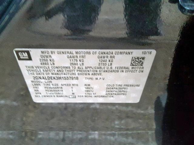 2GNALDEK3H1537918 - 2017 CHEVROLET EQUINOX PR CHARCOAL photo 10