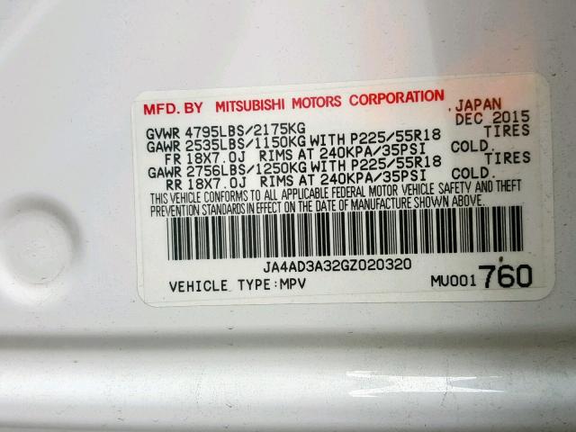 JA4AD3A32GZ020320 - 2016 MITSUBISHI OUTLANDER WHITE photo 10