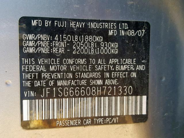 JF1SG66608H721330 - 2008 SUBARU FORESTER S GRAY photo 10