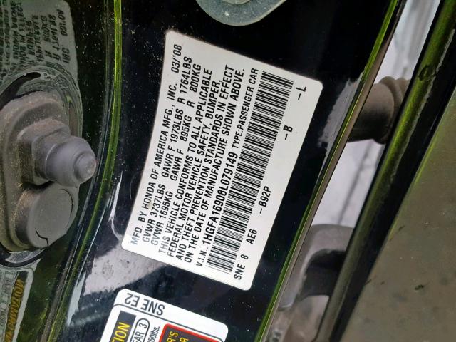 1HGFA16908L079149 - 2008 HONDA CIVIC EXL BLACK photo 10