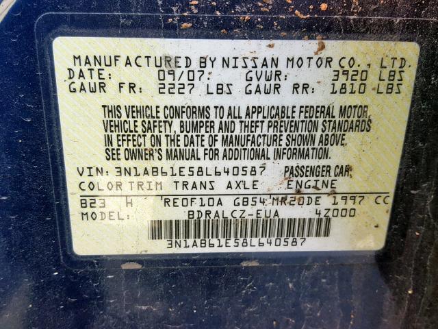 3N1AB61E58L640587 - 2008 NISSAN SENTRA 2.0 BLUE photo 10