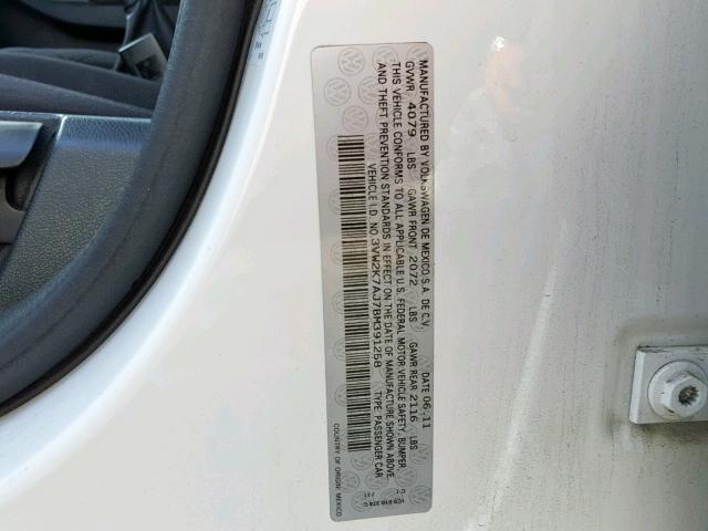 3VW2K7AJ7BM391258 - 2011 VOLKSWAGEN JETTA BASE WHITE photo 10