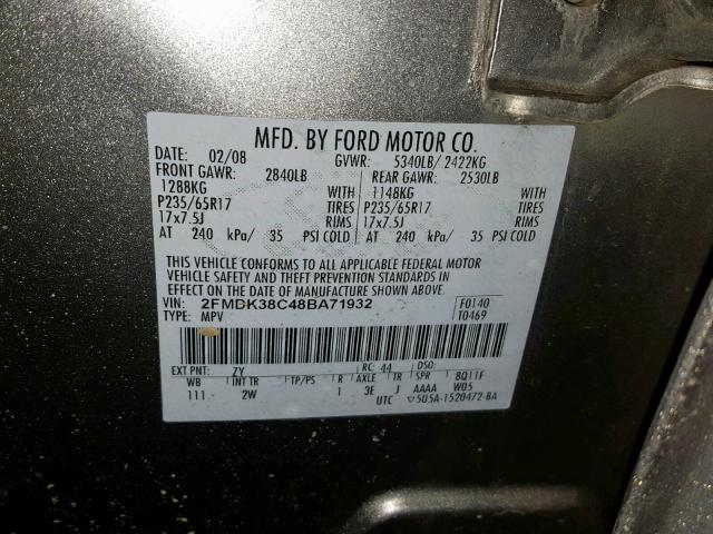 2FMDK38C48BA71932 - 2008 FORD EDGE SEL GRAY photo 10