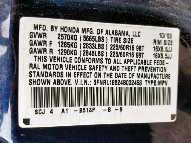 5FNRL18524B032458 - 2004 HONDA ODYSSEY LX BLUE photo 10