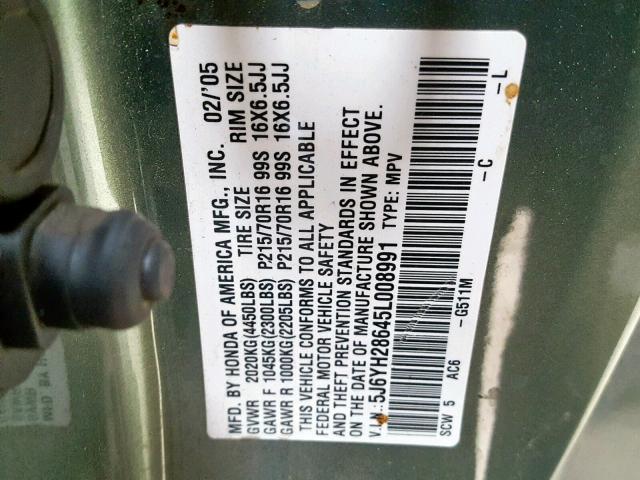 5J6YH28645L008991 - 2005 HONDA ELEMENT EX GREEN photo 10