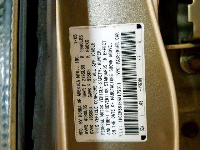 1HGCM56165A172311 - 2005 HONDA ACCORD DX TAN photo 10