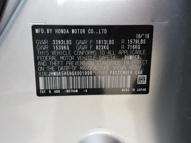 JHMGK5H58GX001998 - 2016 HONDA FIT LX SILVER photo 10