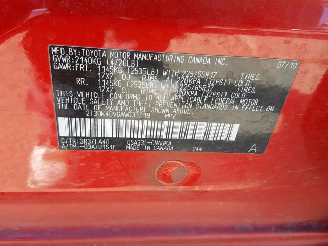 2T3DK4DV6AW033719 - 2010 TOYOTA RAV4 LIMIT RED photo 10