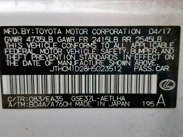 JTHCM1D28H5023512 - 2017 LEXUS IS 300 WHITE photo 10