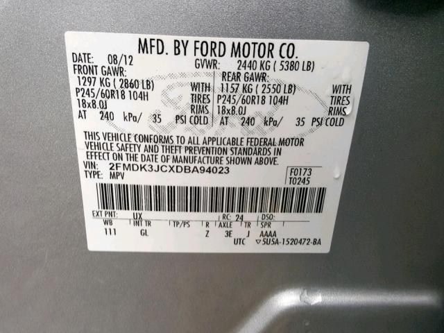 2FMDK3JCXDBA94023 - 2013 FORD EDGE SEL GRAY photo 10