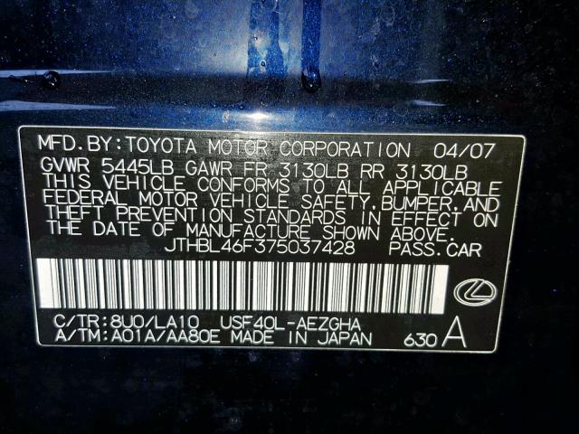 JTHBL46F375037428 - 2007 LEXUS LS 460 BLUE photo 10