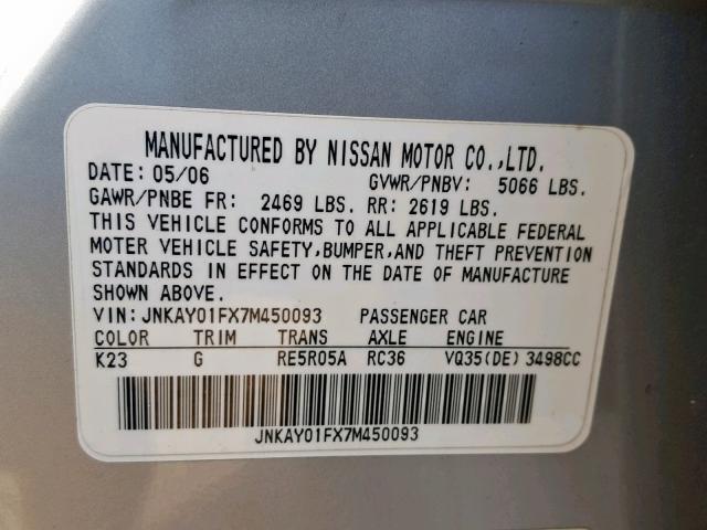 JNKAY01FX7M450093 - 2007 INFINITI M35 BASE SILVER photo 10