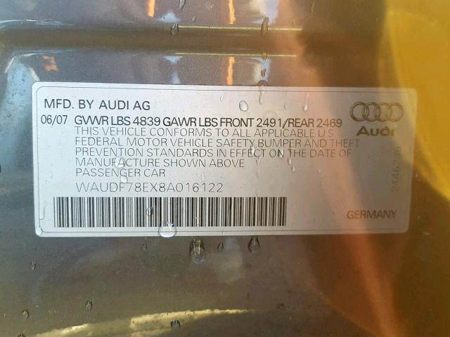 WAUDF78EX8A016122 - 2008 AUDI A4 2.0T QU GRAY photo 10