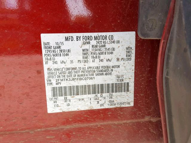 2FMTK3J81FBC07061 - 2015 FORD EDGE SEL RED photo 10