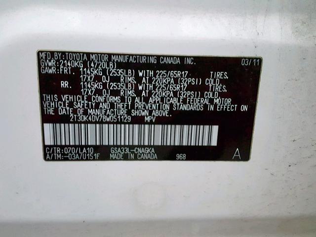 2T3DK4DV7BW051129 - 2011 TOYOTA RAV4 LIMIT WHITE photo 10