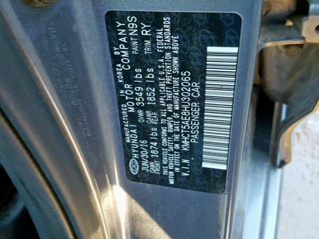 KMHCT5AE8HU302065 - 2017 HYUNDAI ACCENT SE GRAY photo 10