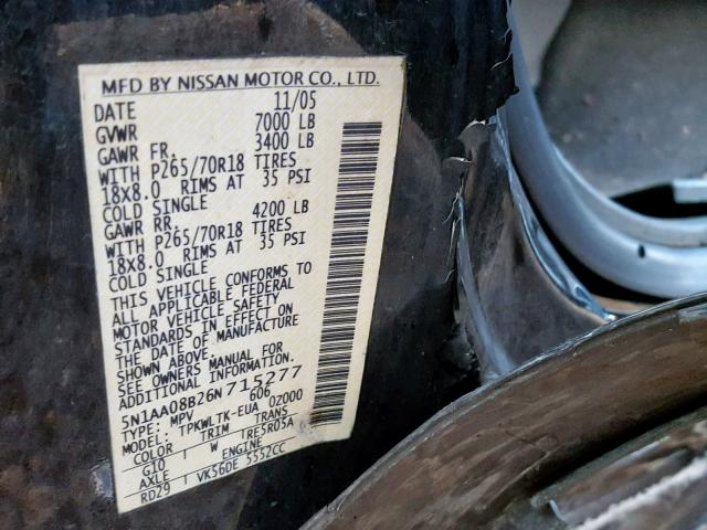 5N1AA08B26N715277 - 2006 NISSAN ARMADA SE BLACK photo 10