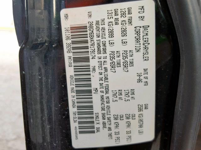 2A8GM68X47R179174 - 2007 CHRYSLER PACIFICA T BLACK photo 10