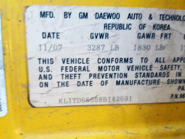 KL1TD66658B142691 - 2008 CHEVROLET AVEO BASE Sarı foto 10