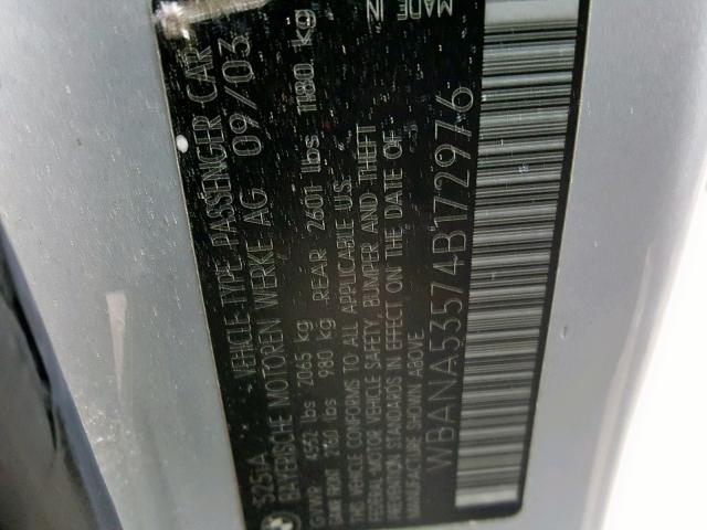 WBANA53574B172976 - 2004 BMW 525 I SILVER photo 10