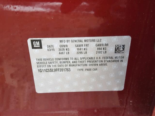 1G11C5SL9FF281763 - 2015 CHEVROLET MALIBU 1LT 栗色 照片 10