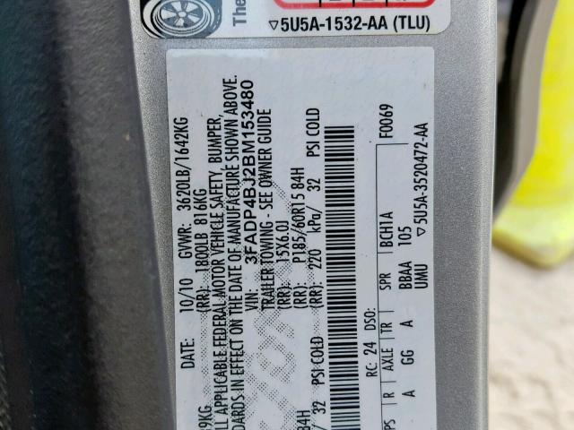 3FADP4BJ2BM153480 - 2011 FORD FIESTA SE SILVER photo 10