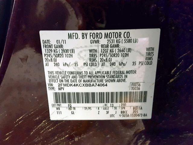 2FMDK4KCXBBA74064 - 2011 FORD EDGE LIMIT MAROON photo 10