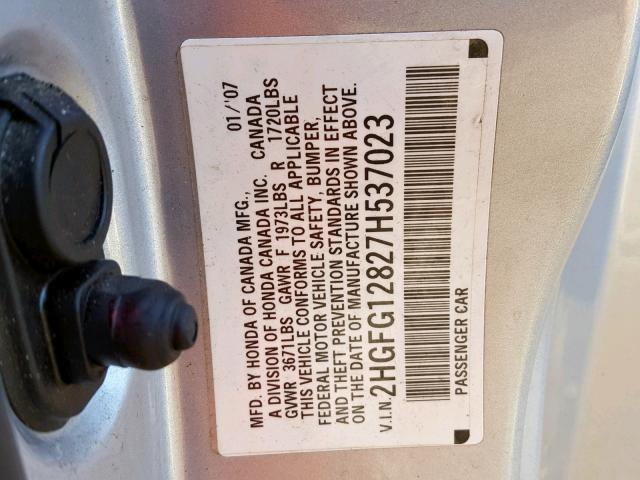 2HGFG12827H537023 - 2007 HONDA CIVIC EX SILVER photo 10