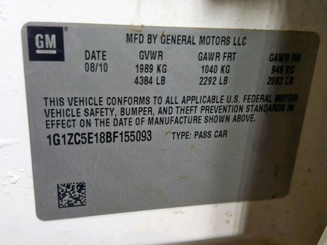 1G1ZC5E18BF155093 - 2011 CHEVROLET MALIBU 1LT WHITE photo 10