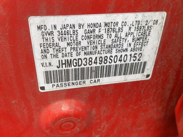 JHMGD38498S040152 - 2008 HONDA FIT RED photo 10