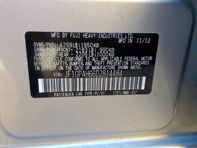 JF1GPAH66D2814484 - 2013 SUBARU IMPREZA LI SILVER photo 10