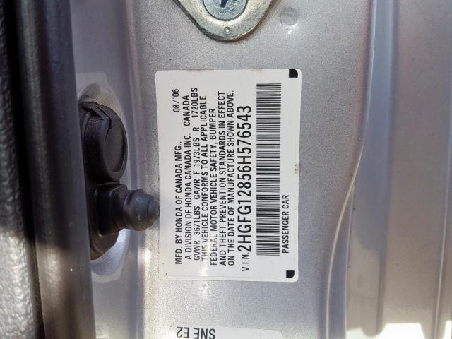 2HGFG12856H576543 - 2006 HONDA CIVIC EX SILVER photo 10