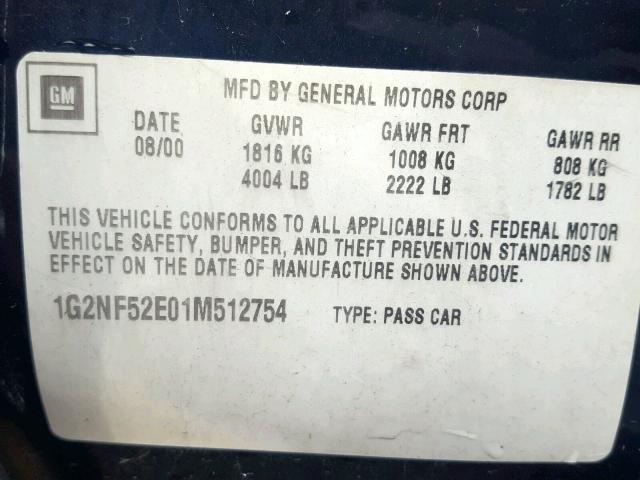 1G2NF52E01M512754 - 2001 PONTIAC GRAND AM S BLUE photo 10